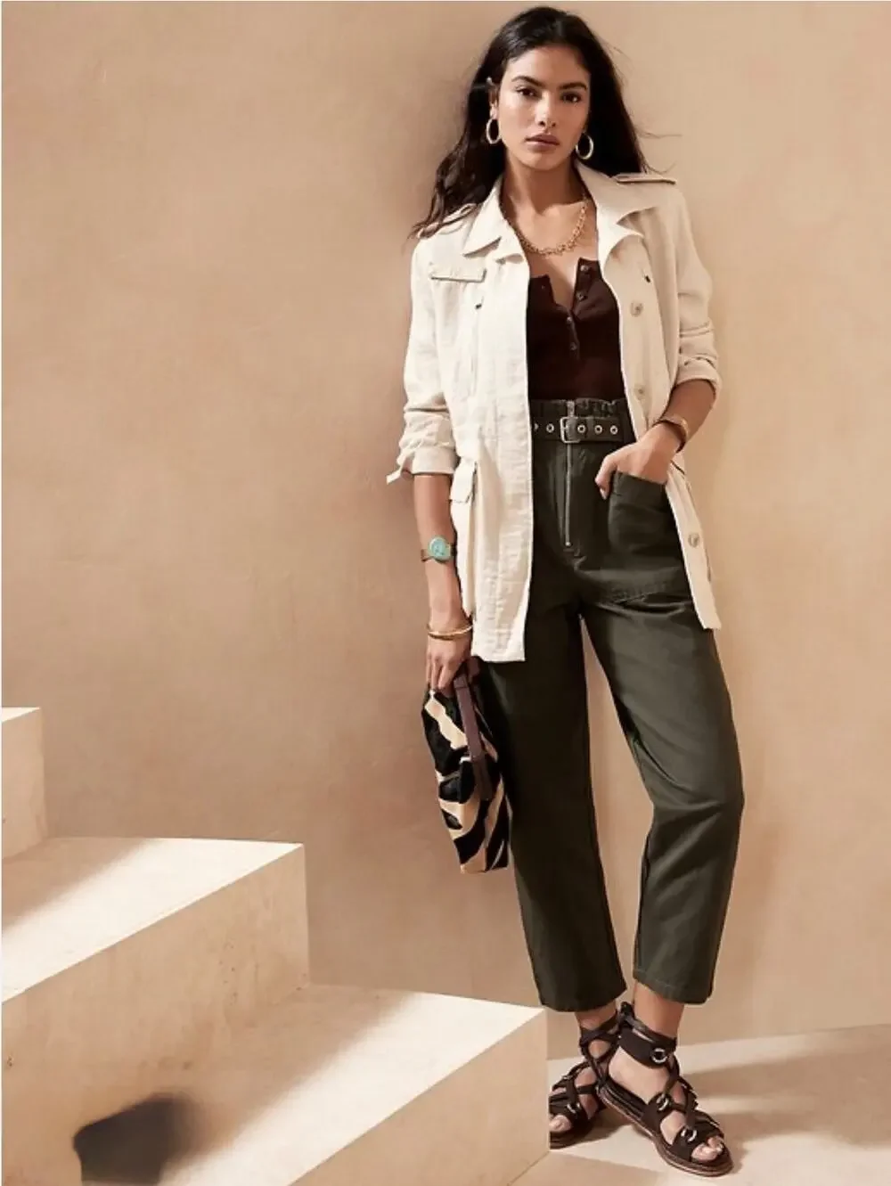 Banana Republic Women's Dark Olive Cotton-linen Blend Paperbag Pants Size 4P